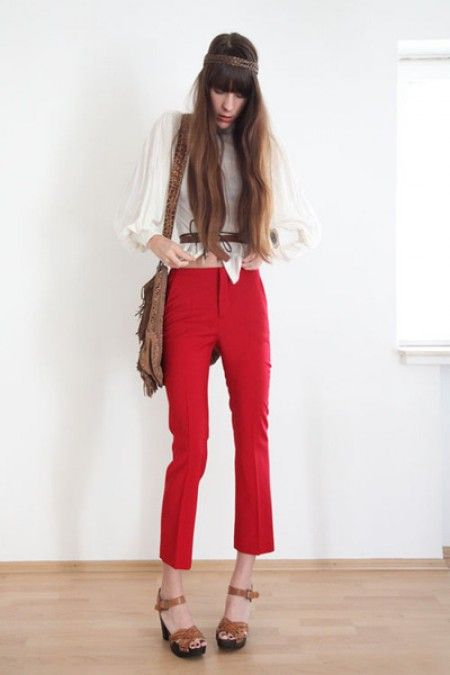 red pants and cream blouse image of red pants and cream blouse